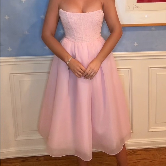 Oh Polly Rosette Embellished Corset Tulle Midi Dress in Blush Pink - Picture 5 of 8